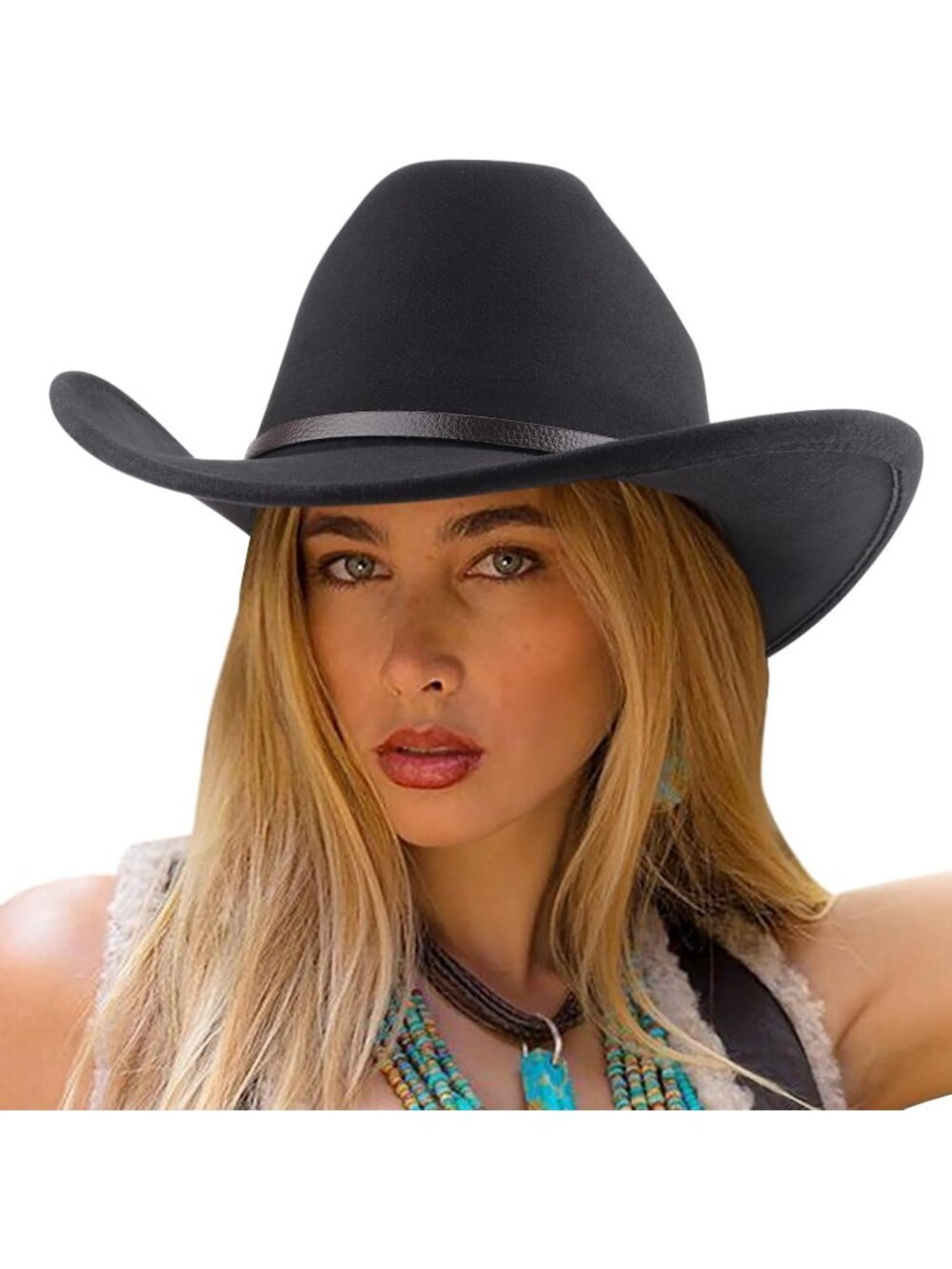 Unisex Black Felt Wide Brim Cattleman Western Cowgirl Cowboy Rolled Up Hat